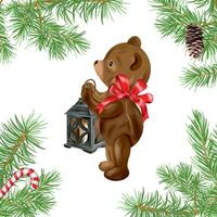 A teddy bear with a red bow and a candlestick in his hands. Vector illustration for New Year composition. Design element for greeting cards, Christmas invitations, themed banners, flyers.