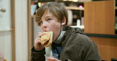 adolescente Garoto comendo dentro uma cafeteria video