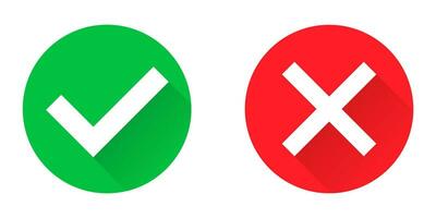 Green tick and red cross in circle. Checkmark and x sign. Isolated correct and wrong icons. Yes and no illustration on white background. Error and positive sticker. Positive and negative set. EPS 10. vector