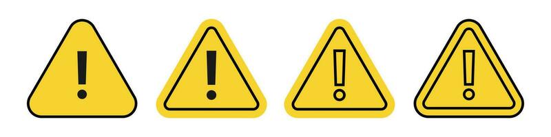 Attention triangle icons set. Isolated caution road sign on white background. Yellow danger pictogram with black outline frame. Alert signal warn collection. Vector illustration. EPS 10.