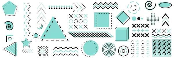 Collection of geometric abstract shapes. Modern memphis illustration set in mint colors. Isolated trendy template for banner and poster. Halftone geometric shapes. Triangle, star and wave icons. vector