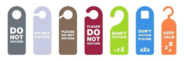 Do not disturb tag. Don't disturb banner in hotel. Please do not disturb collection. Hanging label in hotel. Private time message. Warning symbol on door. Colorful privacy tag set. vector