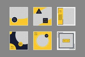 Set of editable square banners. Social media poster template in black and yellow. Square frame with transparent background. Isolated booklet mockup. Star shape. Sale collection. EPS 10. vector