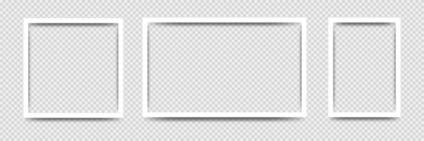Transparent realistic photo frame. Isolated square picture frame. Retro blank album mockup. White rectangle foto card with shadow. Vector illustration on transparent background. EPS 10.