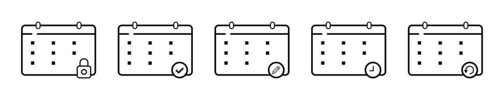 Business calendar icon collection. Isolated outline month planner. Diary reminder in simple thin design. Collection of different calendar planner. Clock sign and checkmark tick with pencil. EPS 10. vector