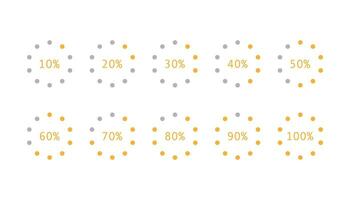 Progress indicator with percentage. Orange loading bar graphic. Round process loader from 10 to 100. Set of downloading and uploading indicator. Isolated progress bar. Vector EPS 10.