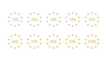 Progress indicator with percentage. Orange loading bar graphic. Round process loader from 10 to 100. Set of downloading and uploading indicator. Isolated progress bar. Vector EPS 10.