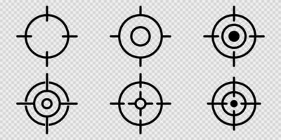 Sniper aim on transparent background. Target icons in black. Focus symbol in circle. Isolated gun shoot aim set. Bullseye vision collection. Round aiming focus. Vector illustration. EPS 10.