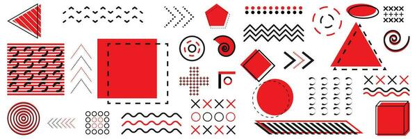 Geometric shapes on white background. Isolated memphis halftone icons. Abstract collection of graphic lines and geometric shapes for banners and pattern. Triangle, circle and square in red and black. vector