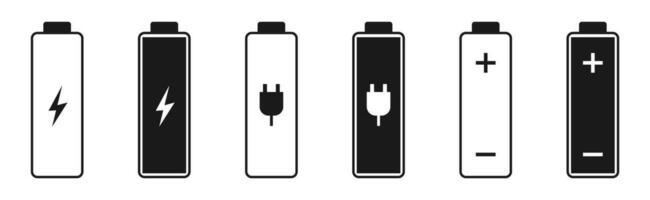 Battery icons on white background. Outline and bold power symbol. Energy sign in black. Charger cell accumulator. Mobile batteries. Alkaline vector illustration. EPS 10.