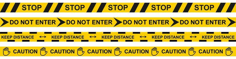 Warning tape in yellow and black. Caution stripe on white background. Do not enter and stop sign border. Restricted police area. Keep distance barrier. Under construction zone. Vector EPS 10.