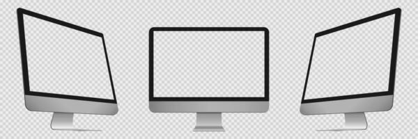 Desktop computer with transparent display. PC in front and side view. Isolated realistic mockup of computer screen. Desktop monitor with editable display. Vector EPS 10.