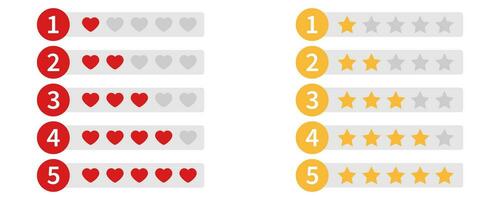 Rating heart and star icons. Yellow and red ranking template. Isolated review classification on white background. Red heart shape from one to five. Feedback evaluation with yellow stars shape. EPS 10. vector