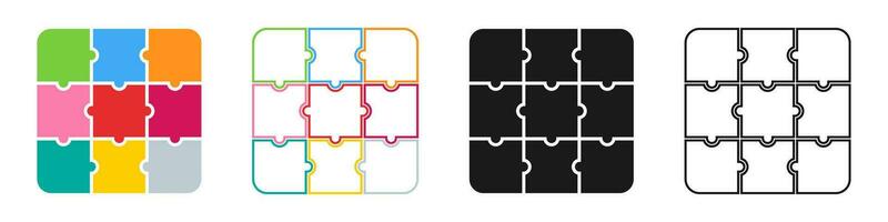 Colorful puzzle pieces. Isolated jigsaw template in black outline style. Teamwork in business illustration. Square mosaic in square shape. Puzzle game concept on white background. EPS 10. vector