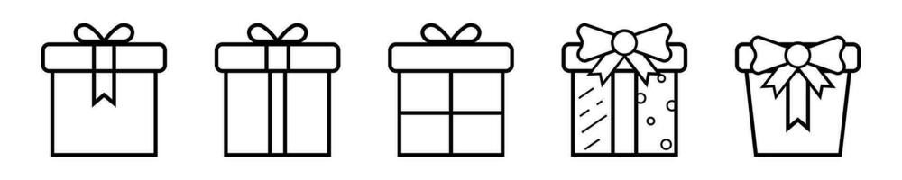 Outline gift box collection. Isolated transparent present box with ribbon. Christmas cardboard pictogram. Square greeting symbol. Vector illustration. EPS 10.