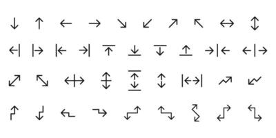 Arrows set. Black navigation cursor icons. Isolated collection of direction arrows. Left and right pointer. Download and upload sign. Simple thin black cursors. Arrow symbol in black. EPS 10. vector