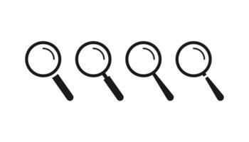 Magnifier icons set. Search loupe lens. Isolated zoom tool. Magnifying glass inspect instrument. Optical explore transparent lupe. Outline black search equipment. Vector EPS 10.