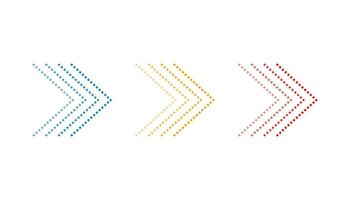 Halftone arrows in blue, orange and red colors. Right direction symbol in modern design. Isolated arrow with dots. Futuristic pointer sign. Geometric arrows with shadow effect. Vector EPS 10.