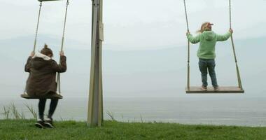 Children swinging on the hill near the ocean video