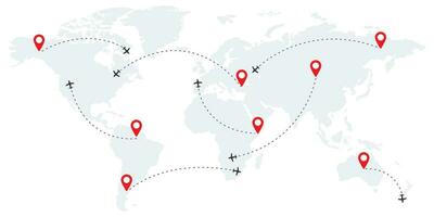 aerolínea ruta puntos. avión vuelo con rayado camino. mapa de mundo fondo de pantalla con aviones globo concepto en blanco antecedentes. viaje vuelo con puntero iconos ubicación signo. vector eps 10