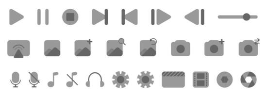 Media player icons. Multimedia control set. Video and audio toolbar interface. Media pack collection. Play and stop icon with settings gear. Mic and notation symbol in black and grey. EPS 10. vector