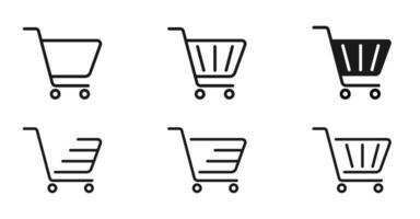 Shopping trolley set. Empty basket. Shopping cart in black on white background. Supermarket wagon. Isolated checkout icons. Vector EPS 10.