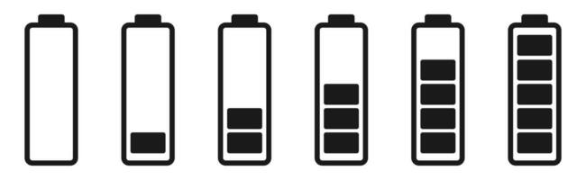 batería nivel indicador en negro. aislado poder símbolo en blanco antecedentes. bajo y lleno de cargar acumulador. móvil capacidad. vector baterías pictograma. energia signo. eps 10