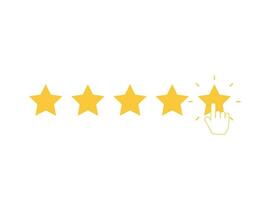 Five yellow stars with clicking hand. Quality rank set. Best choice illustration. Hand touching last star. Rating sign. Feedback and review set with simple stars shape. Vector EPS 10.