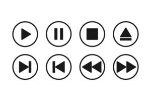 Audio and video media player buttons. Play and stop multimedia icon. Rewind and pause controller. Triangle arrow interface in circle. Isolated round buttons. Vector EPS 10.