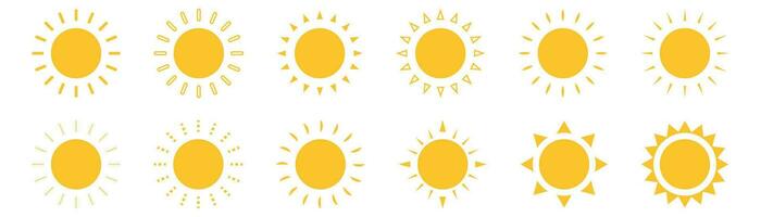 Sun icons collection on white background. Isolated yellow round sun symbol in different variations. Sunburst set in cartoon simple design. Sunlight pictogram. Vector illustration. EPS 10.