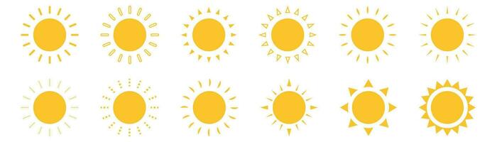 Sun icons collection on white background. Isolated yellow round sun symbol in different variations. Sunburst set in cartoon simple design. Sunlight pictogram. Vector illustration. EPS 10.