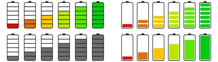 Mobile battery icons. Isolated battery indicator in flat. Mobile accumulator level. Low and high energy indicator. Capacity symbol set. Vector EPS 10