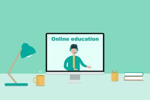 Online education at home. E-learning school. Studying at home. Computer with teacher inside. Remote webinar. Online video conference. Classroom at home. Online course. EPS 10. vector