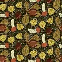 Hand drawn pattern with boletus and chestnut leaves on dark background. Vector flat isolated autumn leaves, chestnuts and wild mushrooms. Outline botany design for textile, decoration, wrapping