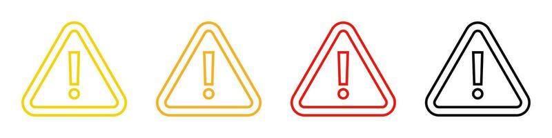 Outline triangle warning sign collection. Isolated attention warn in red and orange on white background. Yellow and black road signal with exclamation mark. Vector illustration. EPS 10.