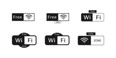 Free wifi zone set. Collection of wi-fi icons in black and white. Wireless zone with no money. Public internet stickers. Isolated set of wi fi network symbols. Hotspot area in flat. Vector EPS 10.