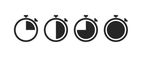 Stopwatch icons in black. Speed timer collection. Simple clock countdown. Start and stop watch. Competition speed tool. Isolated set of stopwatch. Alarm pictogram. Vector EPS 10.