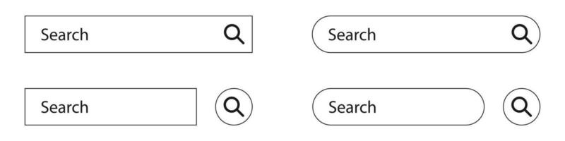 Search bar box set on white background. Isolated search field with loupe icon. Blank template for web site. Navigation banner to browse internet. Magnifier glass sign in square box. Vector EPS 10.