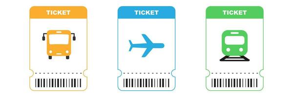 Travel tickets for bus, plane and train. Isolated subway and railway pass card. Airplane ticket with barcode on white background. Transport pictogram in orange, blue and green colors. EPS 10. vector