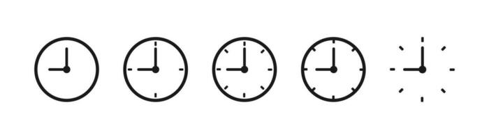 Watch icons collection. Black wall clock set. Isolated time symbol. Round thin clock in black. Linear stopwatch sign. Outline round timer. Analog alarm in circle. Vector EPS 10.