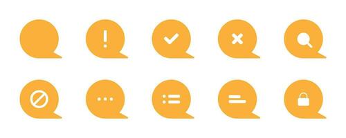 Text message collection. Orange bubble chat collection. Conversation icons with checkmark and forbidden sign. Lock symbol and loupe in chat sign. Isolated flat icons. Vector EPS 10.