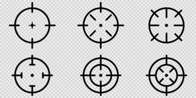 Target aim icons on transparent background. Isolated sniper focus in black. Outline weapon bullseye. Hunting symbol in circle. Dart target sign. Success aim collection. Vector illustration. EPS 10.