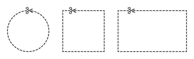 corte tijeras colocar. punteado cupón borde. tijeras silueta en blanco fondo rayado descuento símbolo. punteado círculo, cuadrado y rectángulo. aislado contorno descuento. vector eps 10