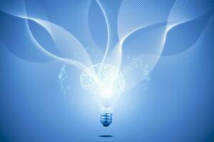 Creative ideas and innovation. A bright light bulb with the ideal brain symbol on white background. photo