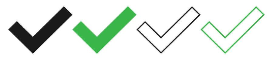 Checkmark tick collection on white background. Isolated right and correct symbol. Positive tick in black and green. Outline and bold done icons. Vector illustration of choice pictogram. EPS 10.