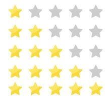 Yellow stars rating on white background. Feedback evaluation in flat design. Rank quality. Review stars symbol. Isolated top rate concept. Review rate icons on white background. Vector EPS 10.