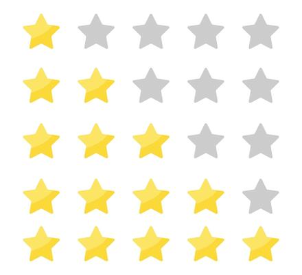 Yellow stars rating on white background. Feedback evaluation in flat design. Rank quality. Review stars symbol. Isolated top rate concept. Review rate icons on white background. Vector EPS 10.