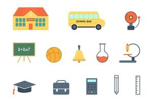 Set of school supply icons in flat design. Collection with schoold bus, graduation cap and bell ring. Isolated icons of backpack with chemistry sign. Math desk with pencil and ruler. EPS 10. vector