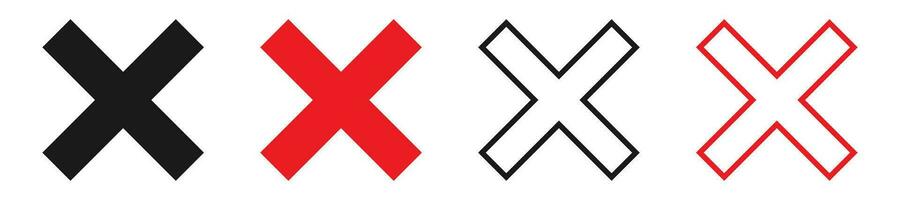 Cross symbol collection on white background. Black and red wrong sign. X icon in bold and outline design. Reject and cancel vector illustration. Error pictogram. Re cross. EPS 10.