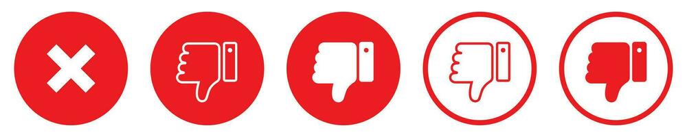 Dislike buttons set on white background. Unlike collection in red circle. Cross mark symbol. Isolated no and reject sign. Negative feedback with thumbs down. Vector EPS 10.